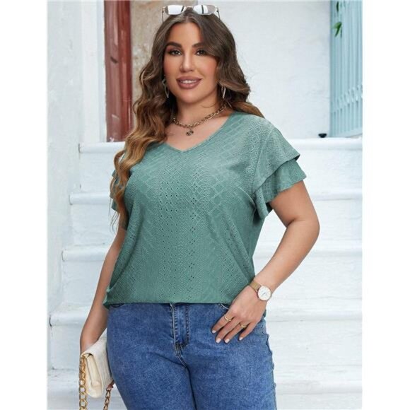 Womens Plus Size T Shirt V Neck Loose Fit Ruffle Sleeve Summer Hollow Casual Top - Picture 2 of 7